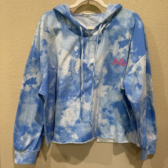 Self Esteem 2X Tie Dye Cropped Hoodie Blue White Pink “Hello” Lounge Pullover - Picture 1 of 5
